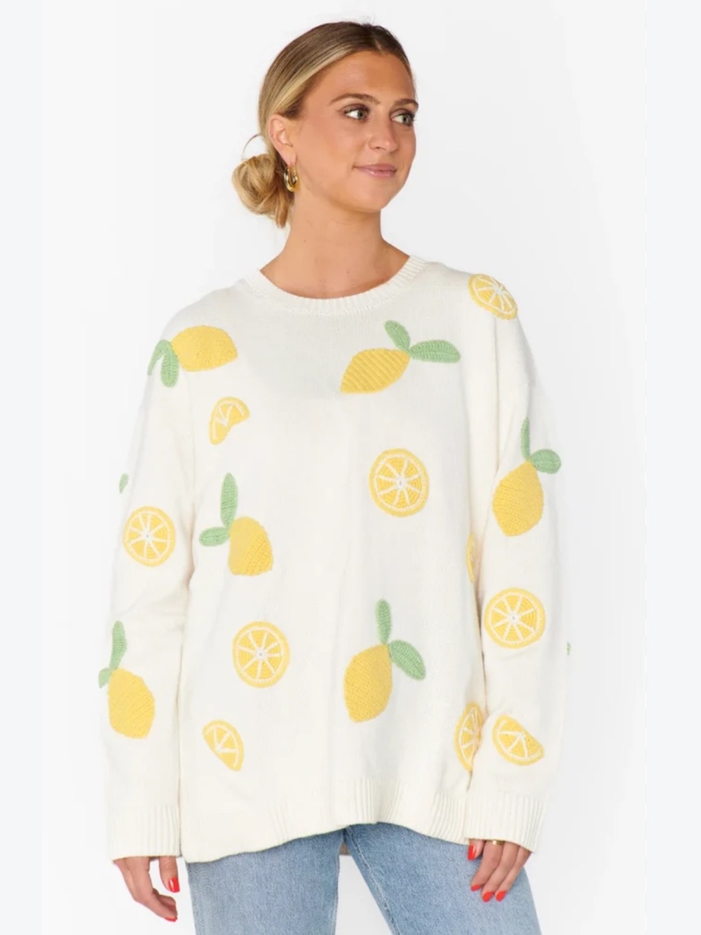 Show Me Your MuMu Cream Sweater with Yellow Lemon Appliqués